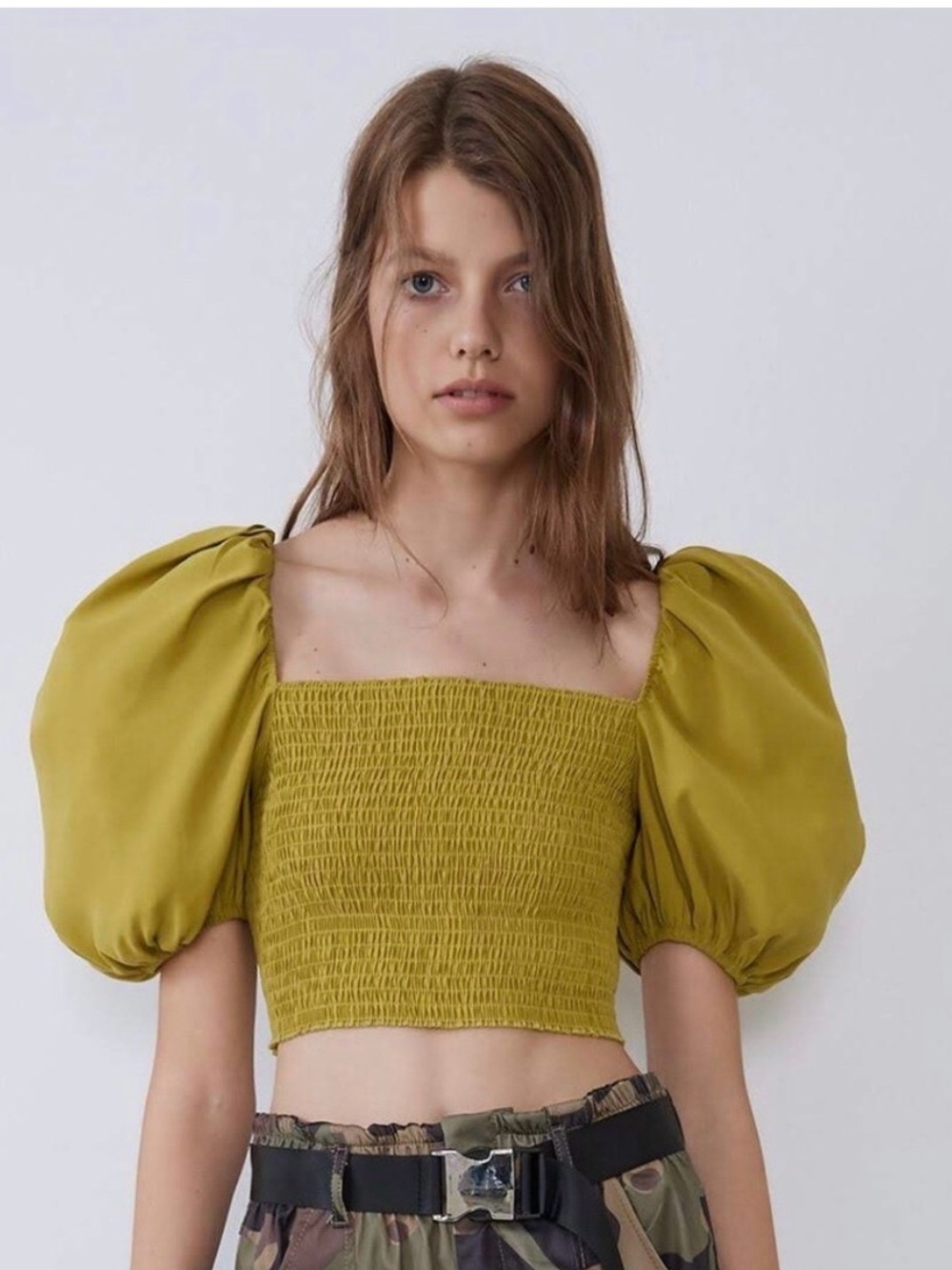 Zara Voluminous Puff Sleeve Smocked Crop Top Mustard Curry Size M